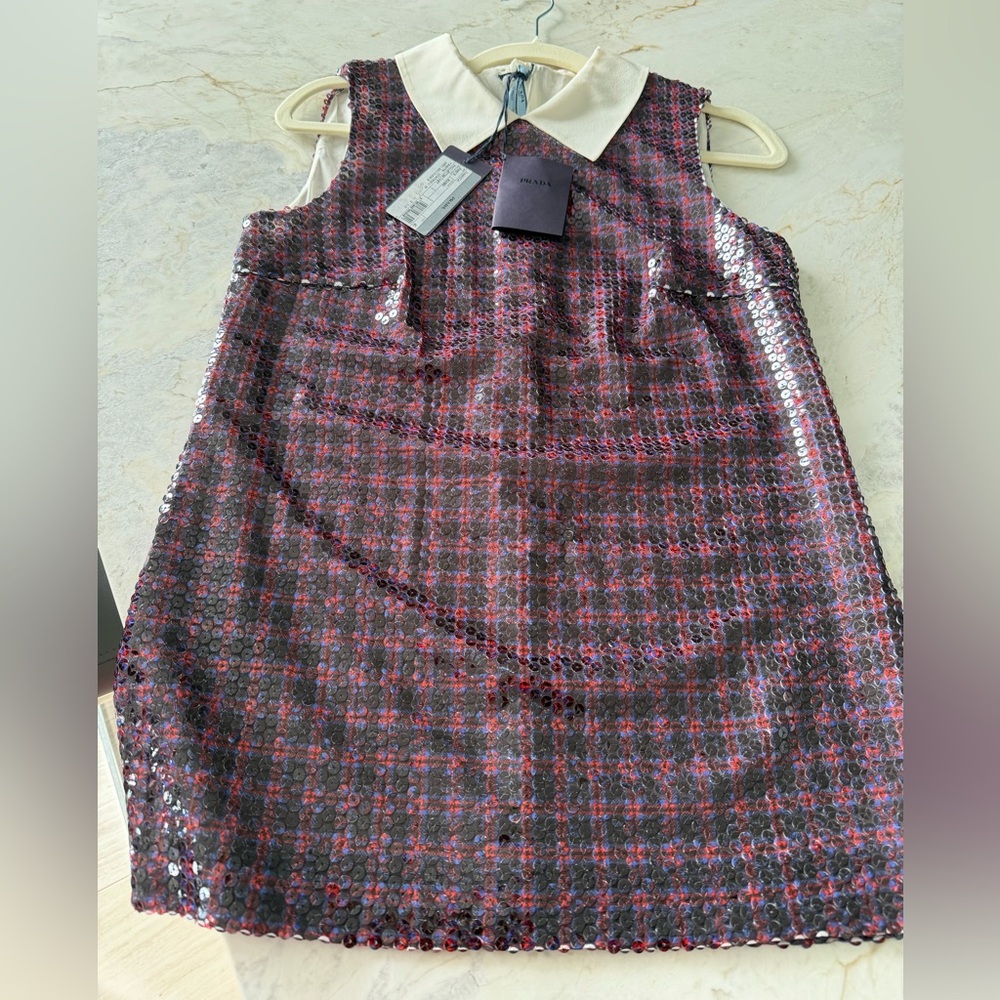Authentic PRADA Sequin Plaid Sleeveless Tunic with Collar